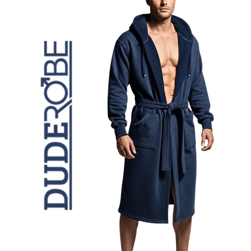 NWT, DudeRobe Men's Hooded Bathrobe Navy Blue Cotton Terry Lined ROBE 1 Size S/M
